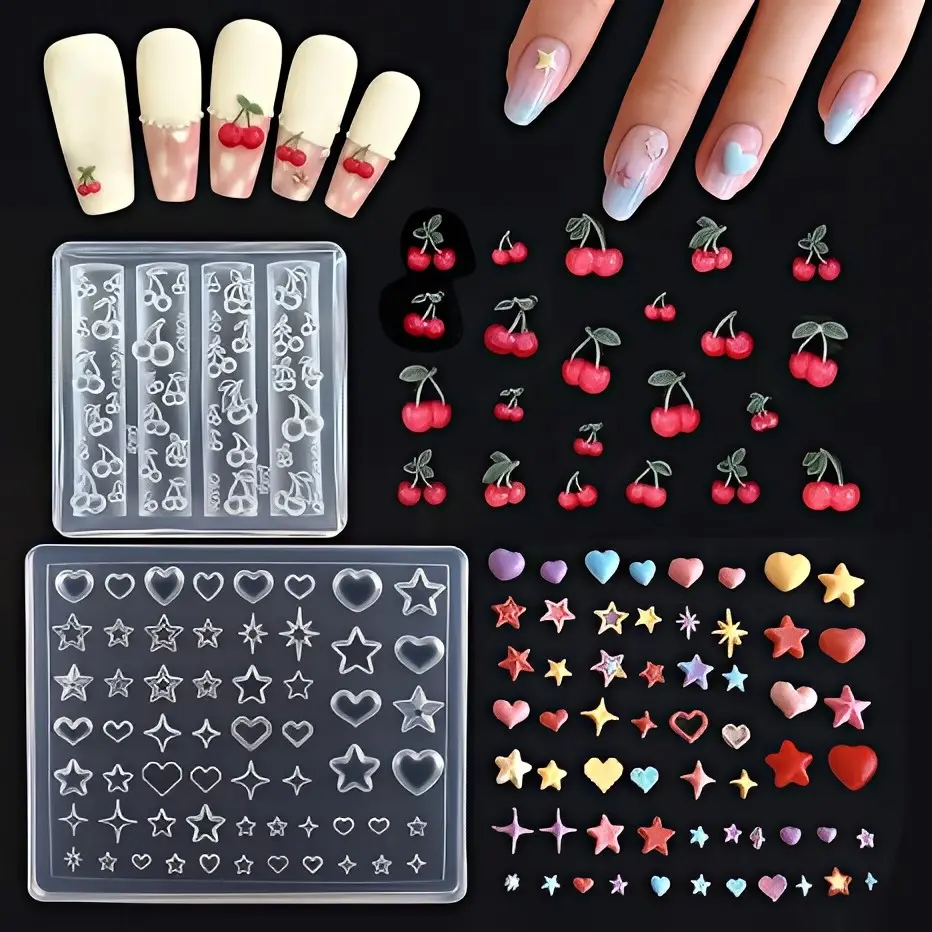 Wokoto 2 Pcs 3D Nail Art Silicone Molds, DIY Nail Charms Kits, Nail Art Sets, Stars Hearts Cherry Designs, Manicure Embossed Stencils, Nail Art Tools, Nail Embossing for Nails, Nail Decoration Supplies