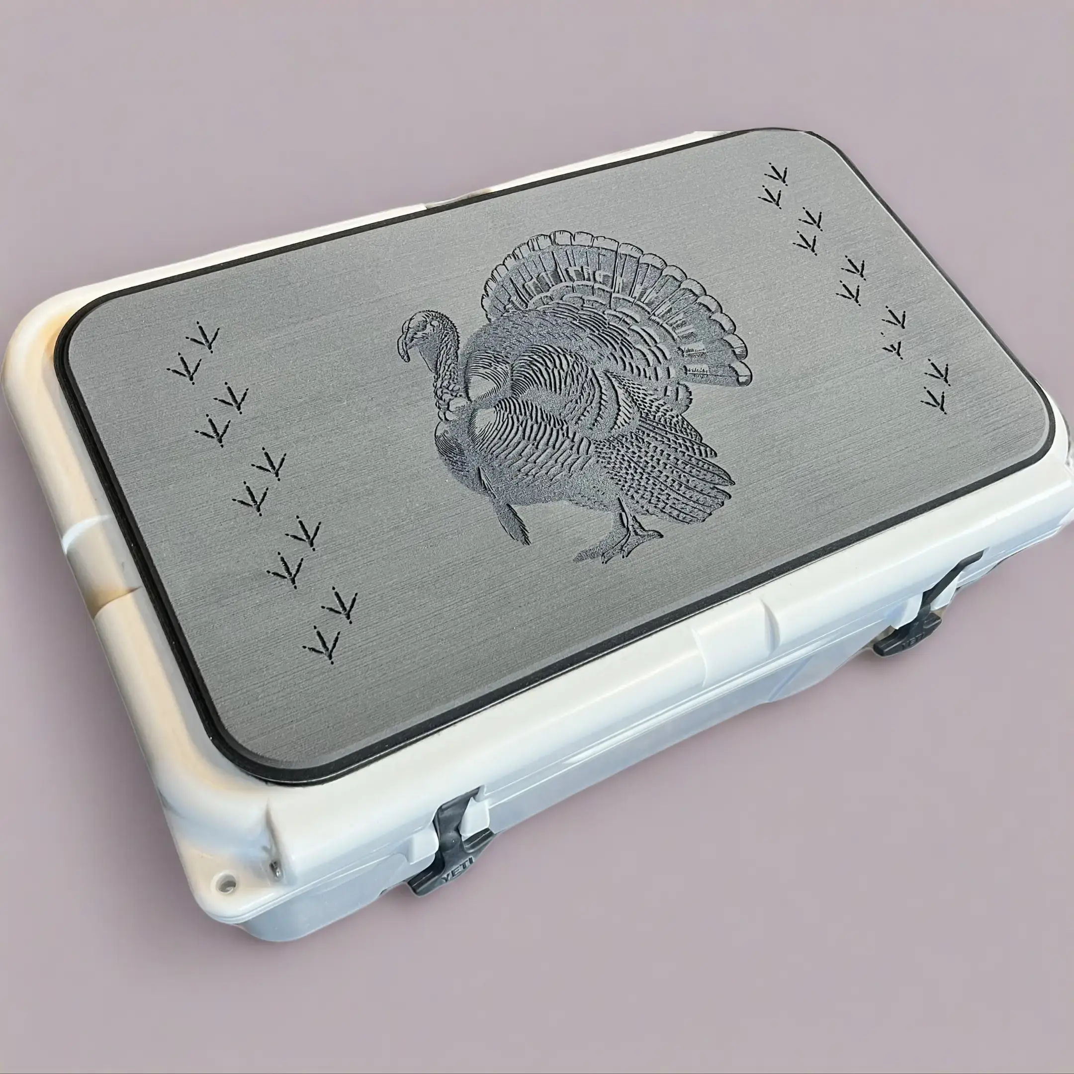 YETI Camping Cooler Pad - Dark Grey/Black Mat with Strutting Gobbler & Turkey Tracks Logo, 3M Adhesive Easy Peel-and-Stick, Fits Tundra, Roadie, Haul & Wheeled Cooler Lids, Camp Kitchen Supply, Nonslip, Hunting
