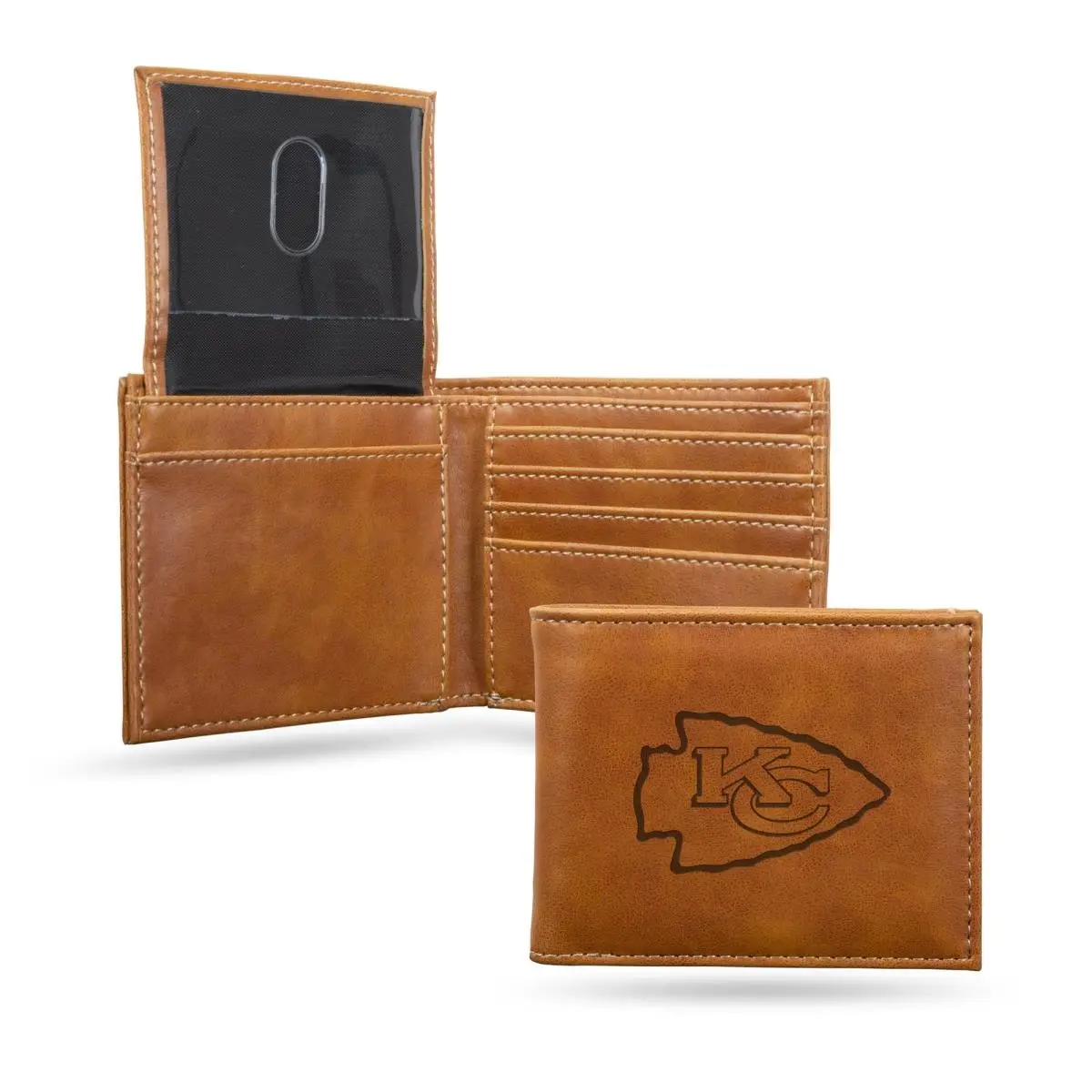 212 MAIN Durable Bifold Wallet, NFL Kansas City Chiefs Laser-Engraved Brown Billfold Wallet for Men, Laser Engraving
