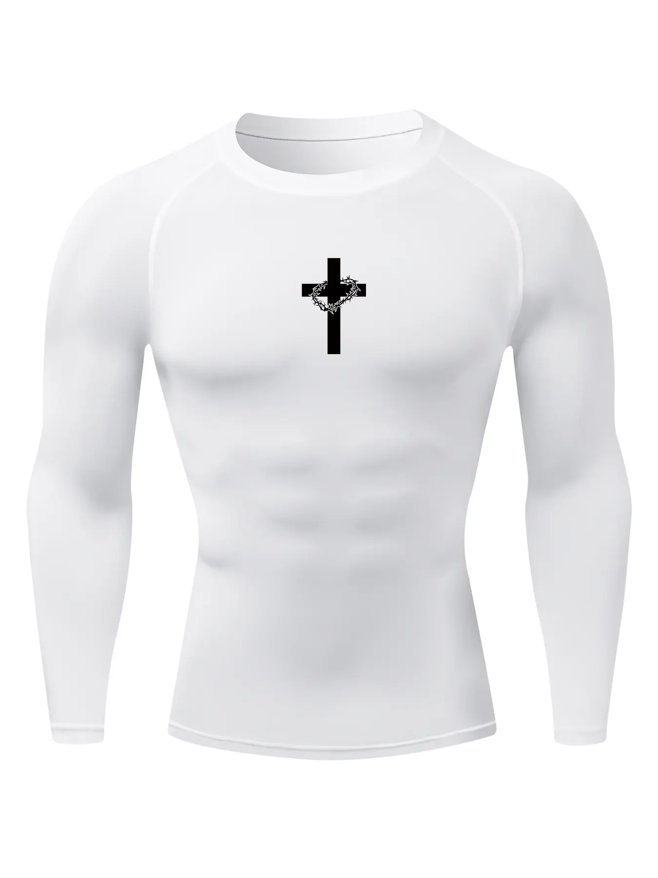 Men's Thorn Cross Graphic Print Long Sleeve Compression Shirt, Gym Workout Running Tight-Fit T-Shirt, Athletic Quick-Dry Stretchy Baselayers Undershirts Top, Spring & Fall Sportswear Activewear, Athletic Apparel, Athletic Clothes