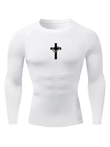 Men's Thorn Cross Graphic Print Long Sleeve Compression Shirt, Fitted Compression Shirts, Gym Workout Running Tight-Fit T-Shirt, Athletic Quick-Dry Stretchy Baselayers Undershirts Top, Spring & Fall Sportswear Activewear