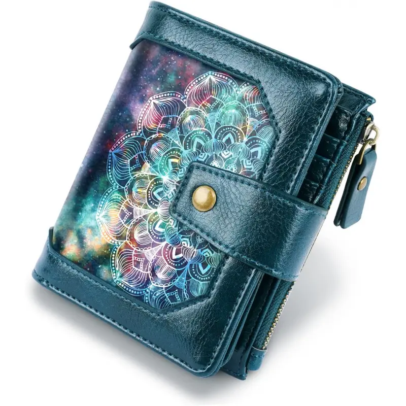 Women's RFID Blocking Leather Wallet - Small Bifold with Zipper Pocket, ID Window & Mandala Nebula Design, Wallets for Women