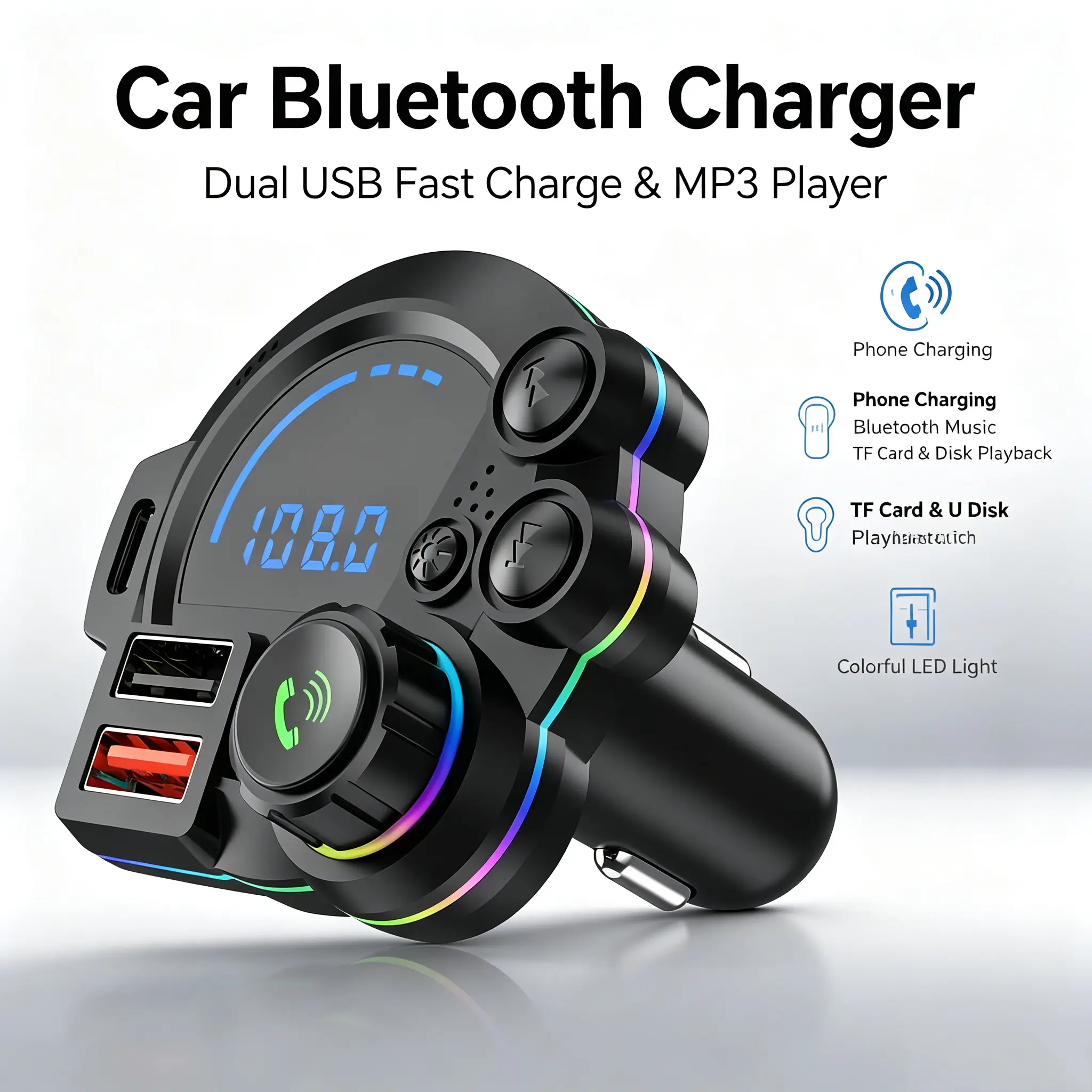 PD 30W Type-C Car Charger & Bluetooth 5.3 FMTransmitter, Wireless MP3 Player with Dual USBPorts, Bass Sound Enhancer, RGB Glowing RadioAdapter, Hands-Free Calls, Car Accessories &Road Trip Essentials usb fast fm transmitter car adapter colorful light port