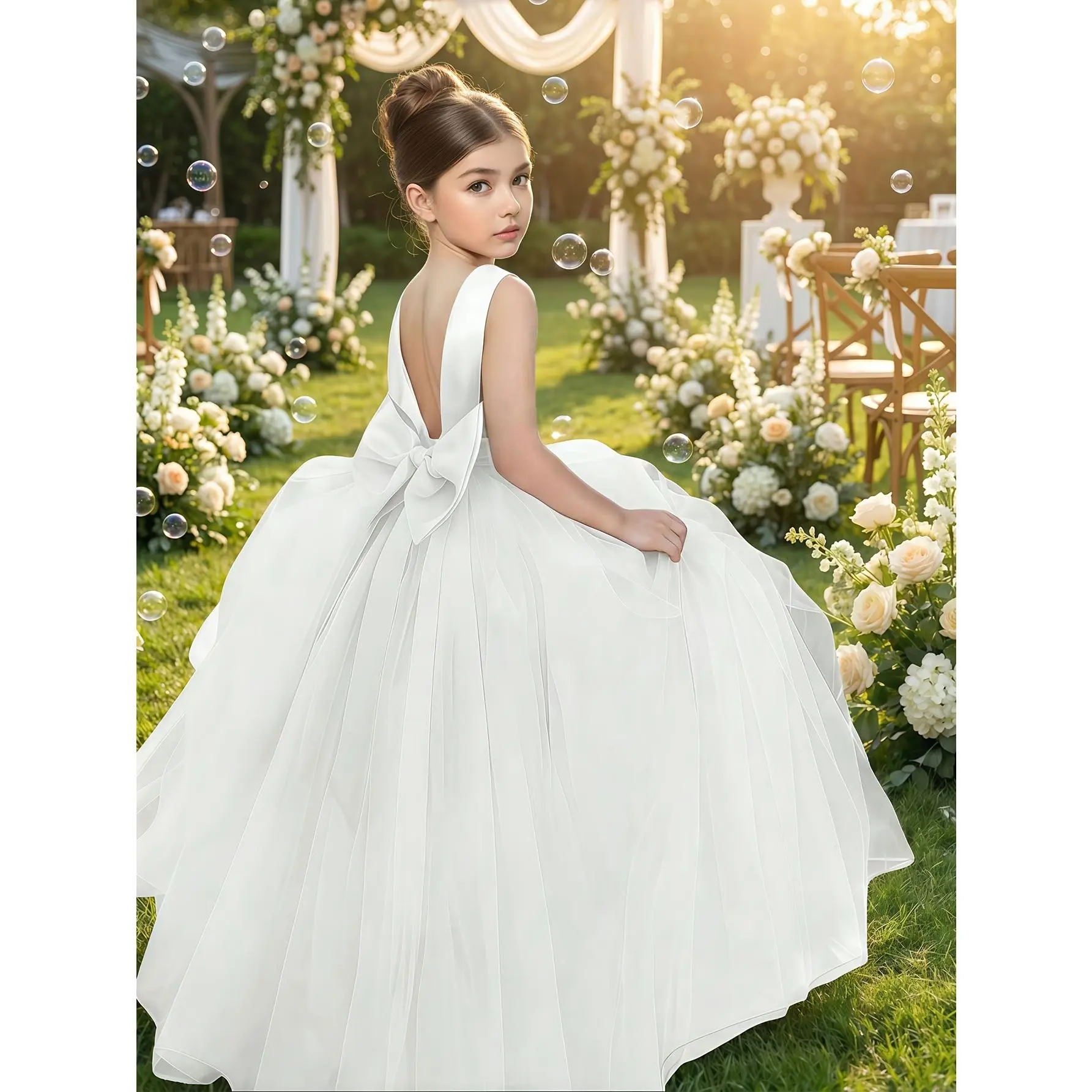 Elegant Girls Bow Back Sleeveless Princess Tutu Dress |     Non-Stretch Fabric, Solid Color, Fit and Flare Style, Suitable for Party, Wedding, Birthday