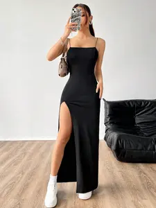 Women's Solid Backless Split Thigh Spaghetti Strap Cami Evening Gown Dress, Elegant Sleeveless Long Dress for Party Club Dating Wear, Ladies Summer Clothes, Womenswear