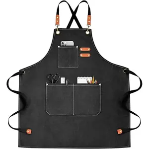 Unisex Waterproof Kitchen Apron with Adjustable Straps, Denim BBQ Apron with Pockets, Suitable for Chefs and Bartenders