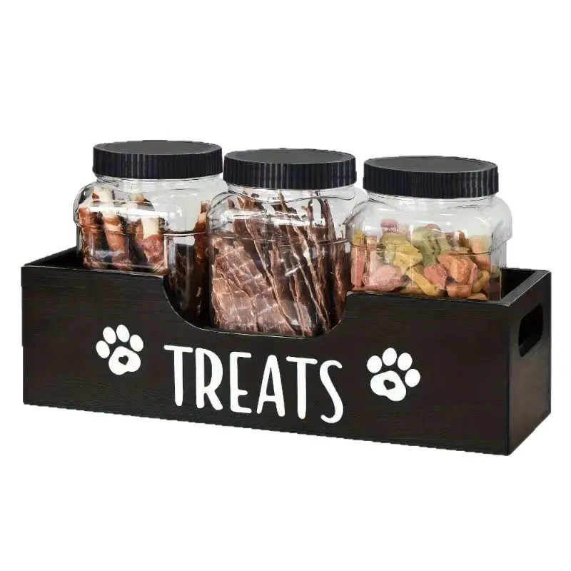 Solid Wood Pet Food Storage Caddy - Organized Dog & Cat Treat Container with Multiple Slots, Wooden Pet Supplies Organizer, Organization plastic jar