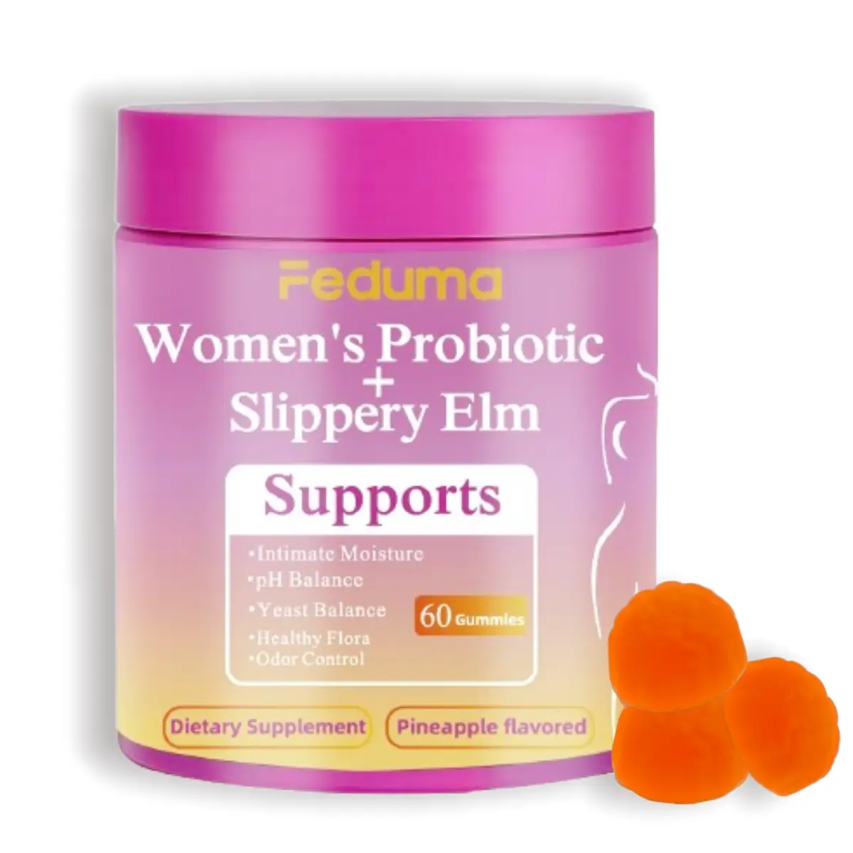 Feminine Probiotics Gummies for Women | Supports pH Balance, Gut Health & Immune System | Pineapple Flavor | with Slippery Elm, Prebiotics & Lactobaci