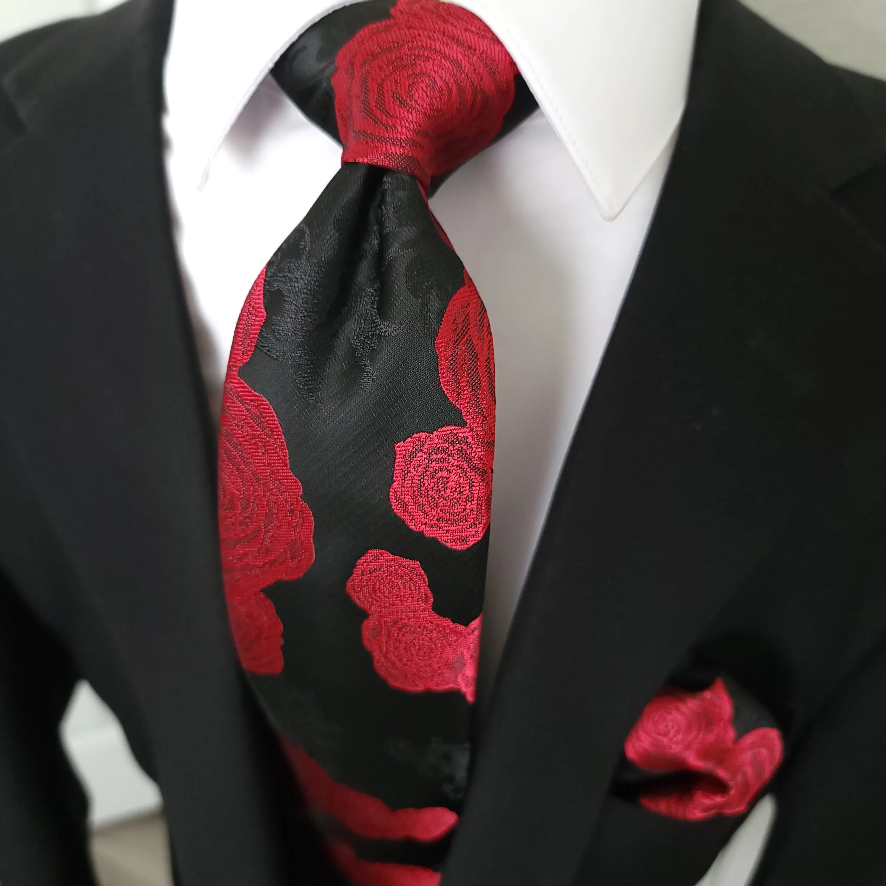 Black Red Peonies Floral Silk Tie Pocket Square Cufflink Set