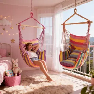 Hammock Chair Hanging Rope Swing Cotton Canvas For Superior Comfort & Durability 2 Cushions Included Seat Indoor Outdoor Sturdy Weave Max 300lbs Perfect Home Bedroom Patio Yard (Rainbow)Fashion Accessories Clothing Fabrics Canvas