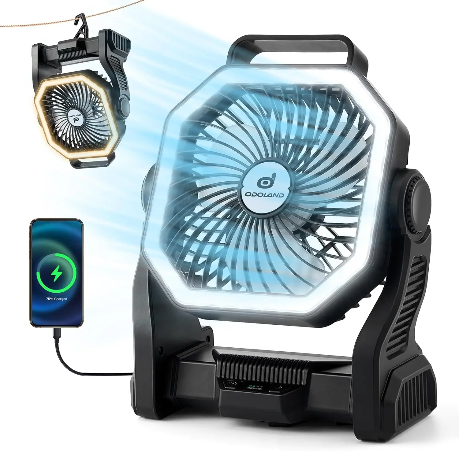 Odoland Camping Fan with LED Lantern, 20000mAh Rechargeable Battery Operated Fan, Portable Outdoor Light with Rotation Hook for Picnic Power Outage Hurricane Emergency Home Patio