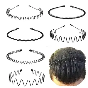Unisex Geometric Metal Wavy Headbands, 6-Pack Anti-Rust Elastic Adjustable Fit Non-Slip Hair Accessories for Men, Workout Headband for Sports & Daily Use, Ideal Mens Gifts or Wedding Hairpieces