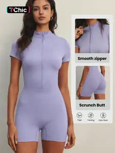 Women's Full Zip Yoga Bodysuit with Short Sleeves and Shorts, Waist-Enhancing Comfort and Fashion for Active Wear, Stylish Activewear
