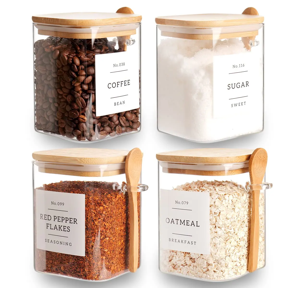 Aesthetic 4-Piece Glass Kitchen Canisters Set, 28oz Airtight Storage Jars with Bamboo Insulated Lids & Silicone Seals, Wooden Kitchen Accessories for Coffee, Sugar Organization High Capacity Container Utensils