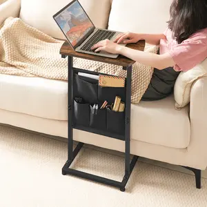 HOOBRO Set of 2 C Shaped Side Table, 28.3" Tall End Tables with Storage Bags, Couch Side Tables with Sturdy Frames, Slide Under Sofa Tables for Living Room, Bedroom, Rustic Brown and Black Desk, Minimalist Design #SummerVibes