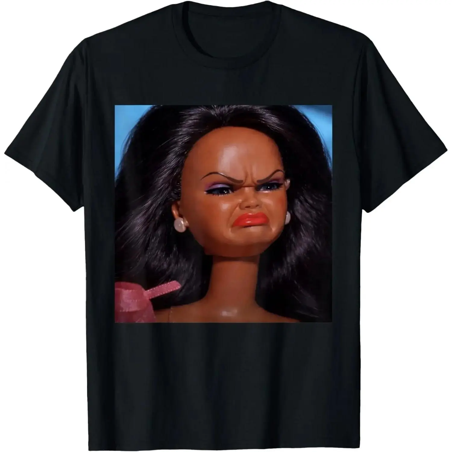Graphic tee Angry Disgusted Black Doll Face  Reaction  Funny T-Shirt Gooning Retro Washed Cotton Rifle Sarcastic Cat Meme Grunge Album Vintage Skull Silly Sleepy Short Sleeve Heavyweight Crew Neck destroyer Bubble Say You Swear Eat Sleep Goon Repeat white