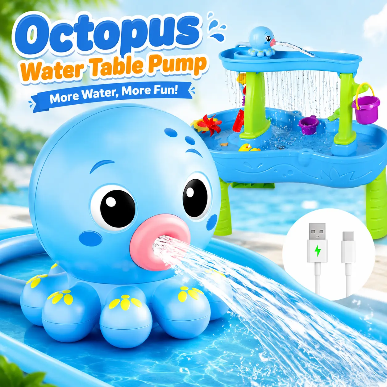 Octopus Water Table Pump (Pump Only) for Step2 — Fits Rain Showers, Unicorn & Most Brands | Rechargeable 3-Hr Battery, 6L/Min Strong Flow, Ultra Quiet 45dB | 60-Sec No-Drill Install | Toddler Outdoor Water Play Accessory