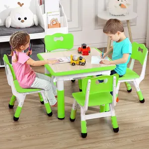 Toddler Table and Chairs Set for 4, 23.6''L x 23.6''W Kids Study Table and Chair Set, Height-Adjustable, Graffiti Desktop, Children Activity Table for Daycare, Classroom, Home Furniture Stools Modern Wood