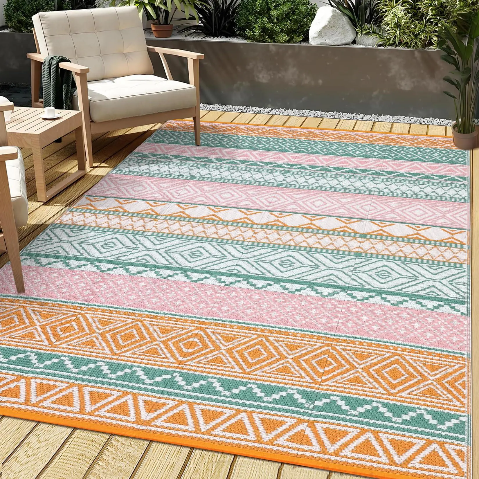 Outdoor Rug Waterproo Large Outdoor Camping Rug Reversible Rv Patio Mats Black Gray Outdoor Plastic Straw Outdoor Rugs Clean Easily Large Patio Mat for RV, Deck, Camping,Orange/Pink/Green