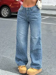 Spring Summer High Waisted Elastic Women's Jeans, Washed Blue Rhinestone Casual Wide Leg Pants, Fitted H-Type Denim Trousers, Streetwear