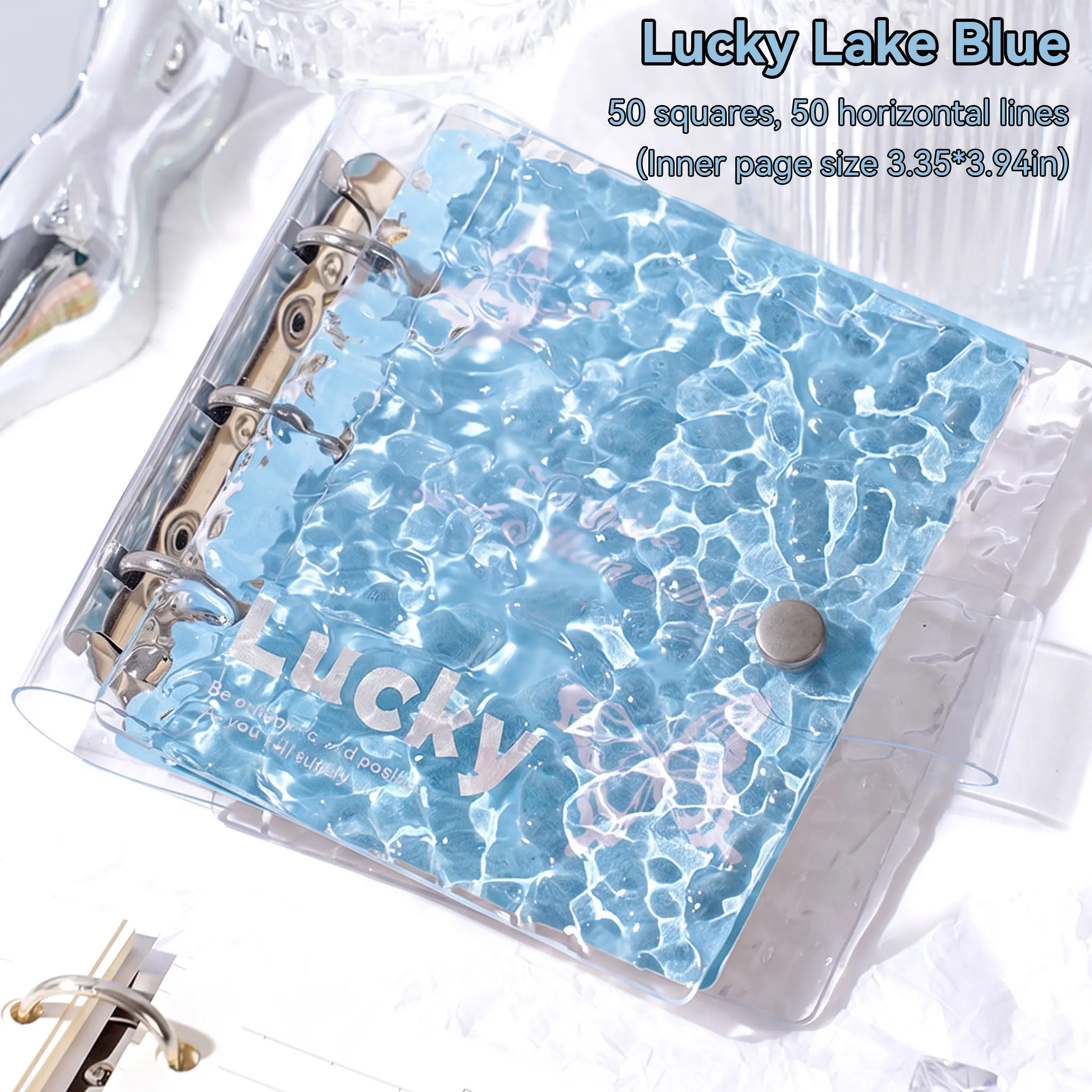 【SummerWins】Water Ripple Clear PVC 3 Ring Mini Binder Notebook, Detachable Refillable Journal Planner, Cute Snap Button Loose Leaf Notebook for Notes, Scrapbooking & DIY Journaling