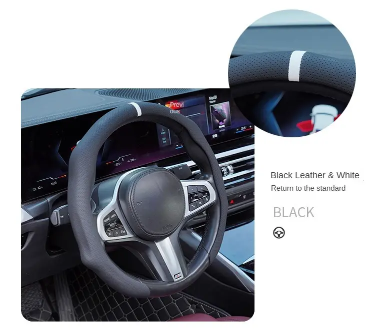 Napa Leather Splice Steering Wheel Cover, Black with White Stitching, Quick-Turn Non-Slip Breathable Ultra-Thin, Universal All-Season Fit, Car Interior Kit, Car Accessories, Accessories For Car