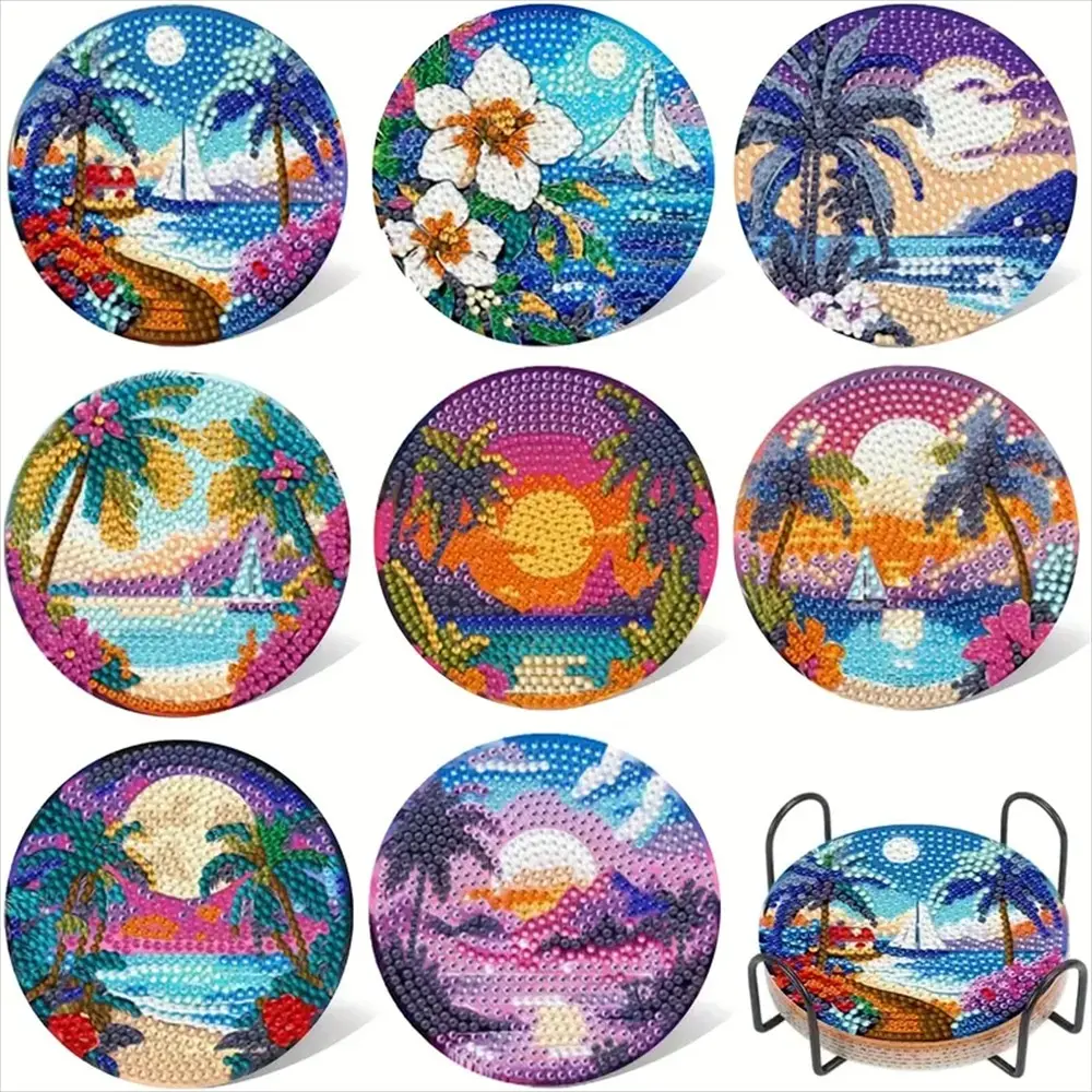 8-Piece Diamond Painting Coasters Set, Coasters for Drinks, Decorative Coaster, Glittering Water Drill Heat-Resistant Drink Mats with Stand, DIY Craft Supplies for Beginners, Coaster Holder, Gifts, Birthday, Artificial Diamond Painting