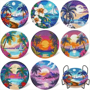 8-Piece Diamond Painting Coasters Set, Glittering Water Drill Heat-Resistant Drink Mats with Stand, DIY Craft Supplies for Beginners, Coaster Holder, Gifts