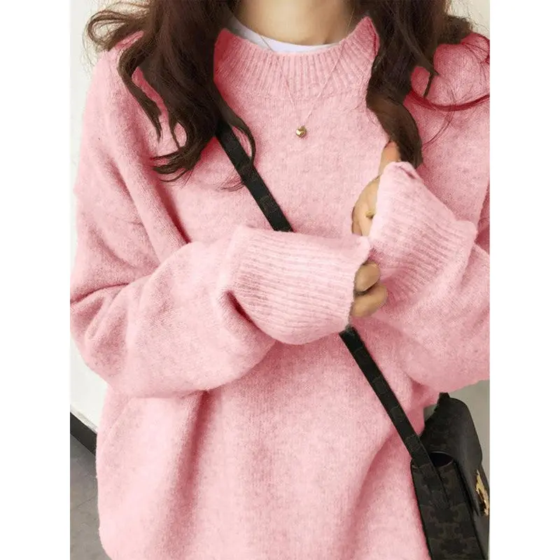 Women's Pink Drop Shoulder Sweater, Casual Fitted Long Sleeve Crewneck Knit Pullover Top for Daily Wear, Longsleeves, Tops, Pullover Sweater, Round Neck, Knitwear, Basic, Lady, Dry Clean, Fitted Cut, Solid Plain