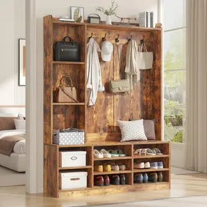 5-in-1 Entryway Bench with Coat Rack, Hall Tree with Storage Bench, Adjustable Shoe Storage, Hanging Hooks, Shoe Organizer for Entryway