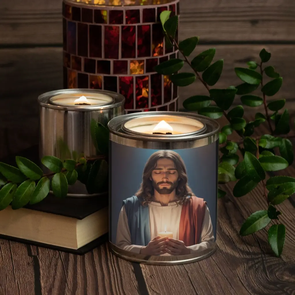 Jesus Candle Paint Can, Sacred Religious Candle, Spiritual Home Decor, Unique Christian Gift, Eco-Friendly, Long-Lasting Glow, Perfect for Prayer, Meditation, and Worship, Bring the Light of Christ into Your Space, Aromatherapy,  Crafted, Get Yours Today!