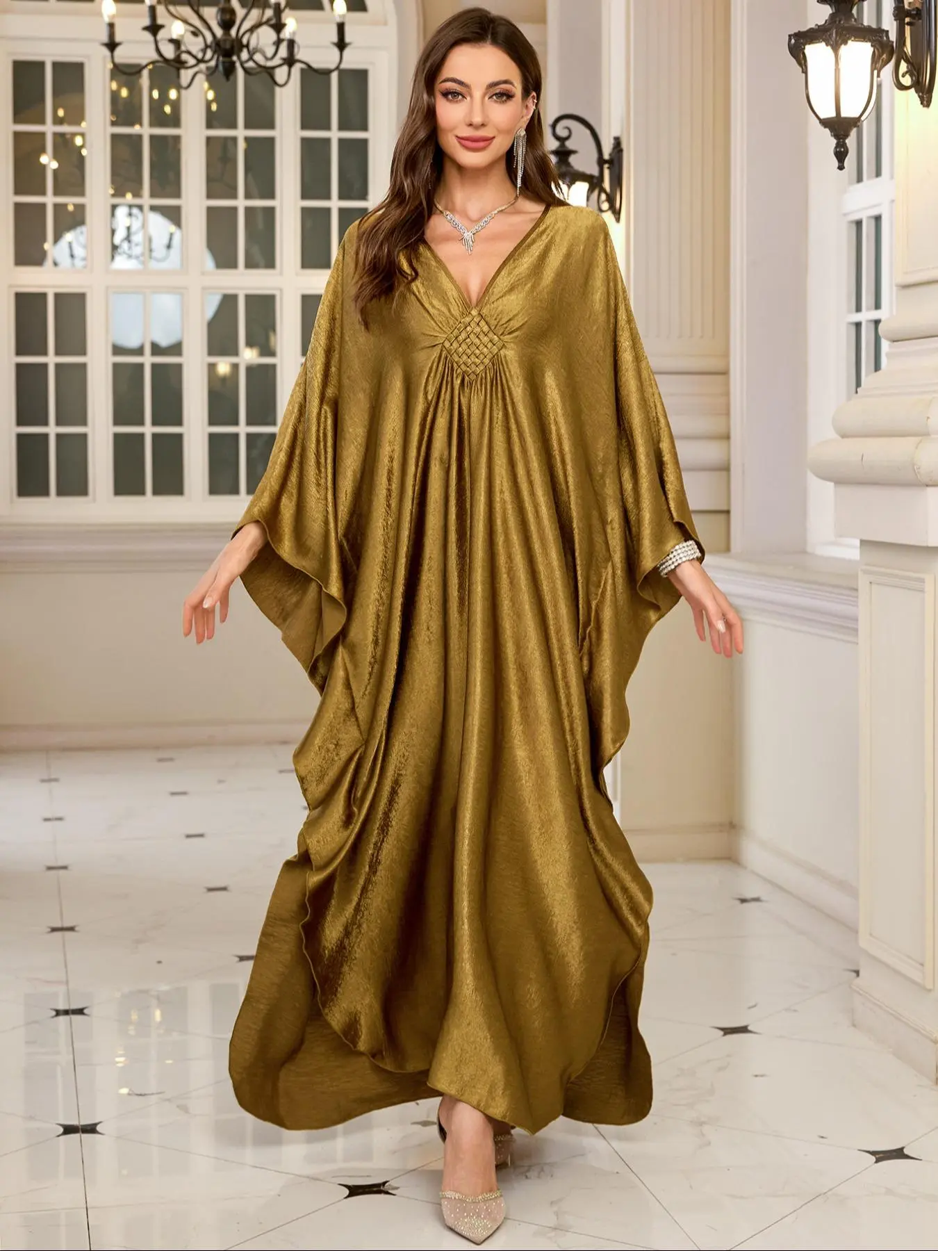 Women's Solid V Neck Long Sleeve Cover Up Robe Dress, Casual Woven Decoration Cover Up Dress for Beach Holiday Vacation, Ladies Clothes for All Seasons Boho Caftan Casual Kaftan