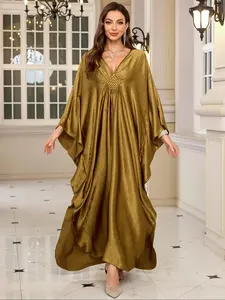 Women's Solid V Neck Long Sleeve Cover Up Robe Dress, Casual Woven Decoration Cover Up Dress for Beach Holiday Vacation, Ladies Clothes for All Seasons Boho Casual Kaftan