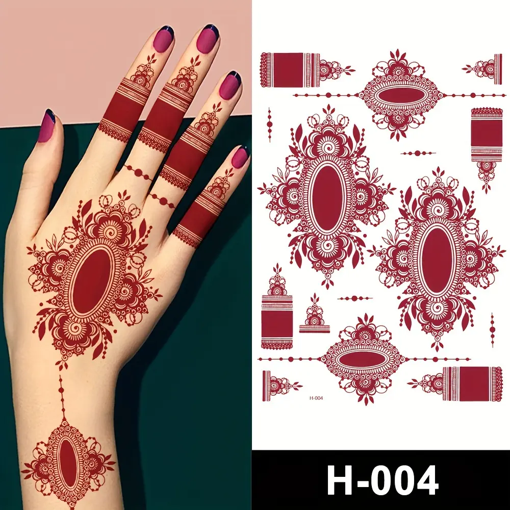 9 Pcs Indian Mehndi Design Maroon Henna Designs Henna Tattoo Stickers, Fashion Style Non-Toxic Water Transfer Body Fake Tattoos Fake Henna Tattoos Temporary Tattoo Stickers