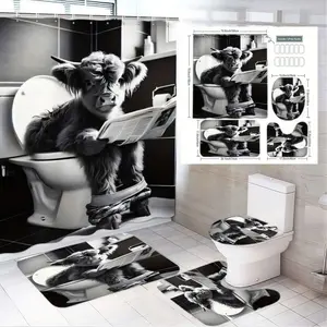 4pcs Highland Cow Bathroom Decor Set, Bathroom Supplies, and Shower Curtain, Adorable Cow Mural, Matching Rugs and Toilet Lid Cover,  The floor mat fabric is thicker and softer! Modern Bathroom Makeover, Bathroom Decoration Accessories