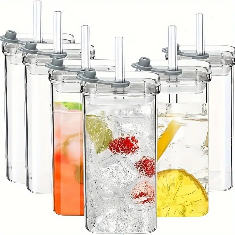 13oz Reusable Glass Drinking Set with Lids and Straws 4Pack Portable Square Glass Drinking Set, iced coffee cups for gift Modern Bottle Drinkware Airtight