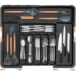 Silverware Organizer Expandable Kitchen Utensil Drawer Organizer Large BPA Free Adjustable Cutlery Silverware Tray for Spoons Forks Knives Storage Divider for Kitchen Flatware 6-9 Slots Black