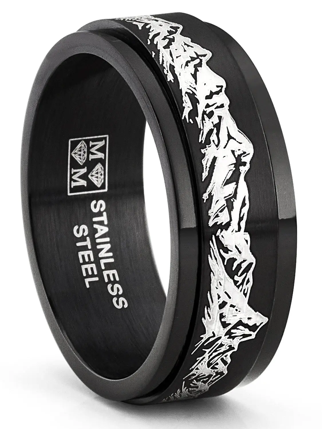 Men's Black Stainless Steel Engraved Mountain Fidget Ring - Casual Fashion Anti Anxiety Ring, Mens Wedding Band