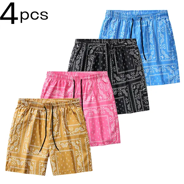 Men's Stylish Nut Print Shorts, 4-Pack Casual Menswear with Elastic Drawstring Waistband for Beach and Streetwear, Beach Shorts, Elastic Drawcord