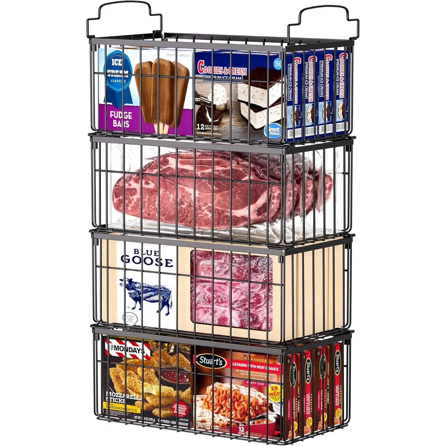Organizer Bins, 4 Pack Stackable Deep Chest Freezer Organizer Bins, Foldable Baskets with Handles, Black Storage Container Baskets for 5/ 7 Cu.FT Deep Freezer Sort Frozen Meats