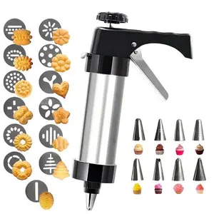 Stainless Steel ABS Cookie Dough Gun Squeeze Cookie Maker with 12 Pastry Tips for Buttercream Pudding Baking Tool Home Set Mold
