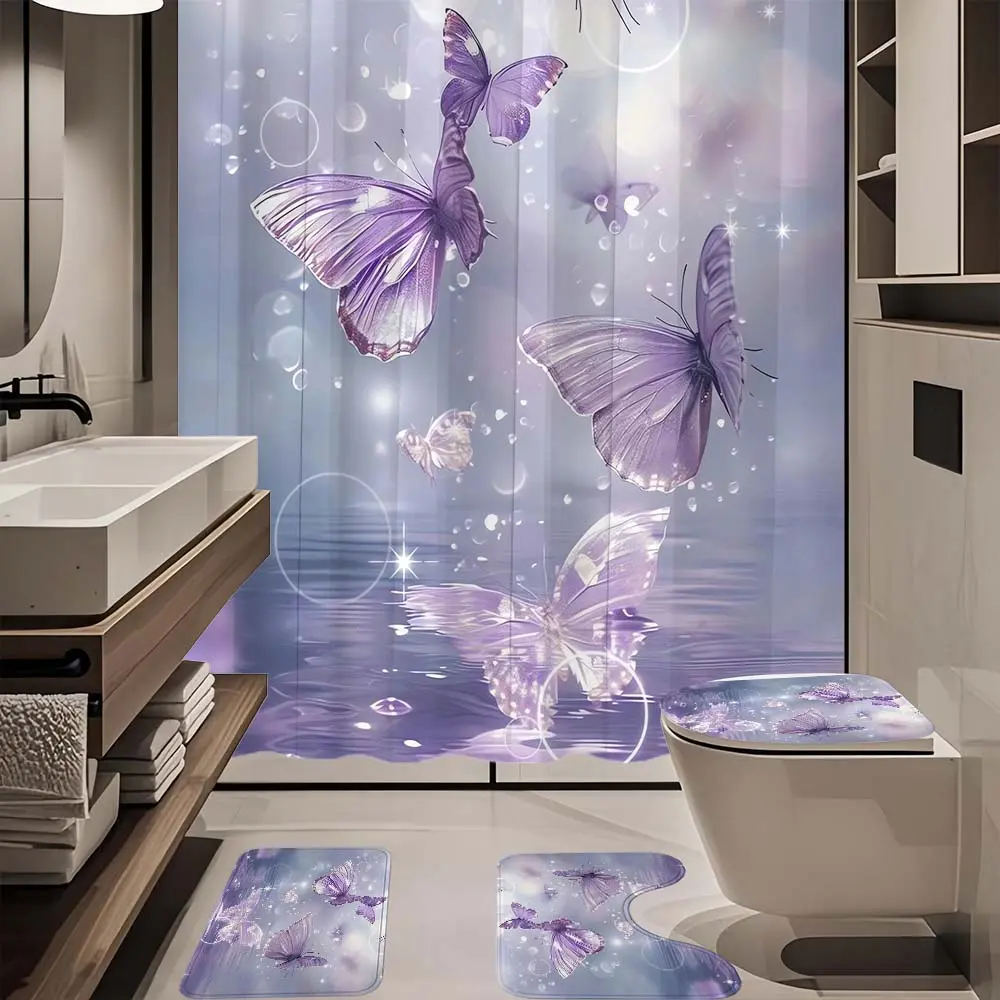 4pcflying purple butterfly starfish pattern bathroom set, The 4-piece set includes a single shower curtain, anti slip floor mat, toilet U-shaped mat, toilet lid mat, with shower curtain hook, and belongs to bathroom decoration products