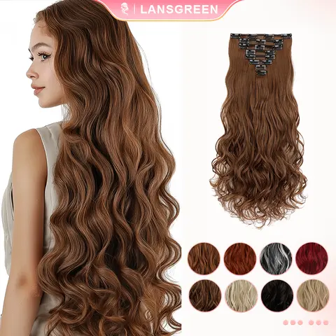 Lansigreen Women's Clip in Hair Extensions - 24-in Beach Curly Synthetic Pieces (8-Piece 130g Set), Secure Steel Clips, Extra Long Female Accessories for Women, Instant Volume, Seamless Blends, Flexible Wear, After-Sales Service