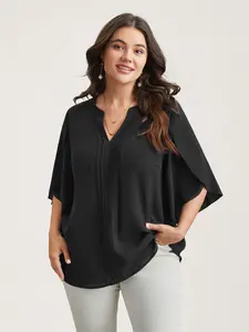 Women's Plus-Size Polyester Top - Toothpick Pleat Design, Pleated Petal Sleeves, Arm Freedom Fit, 2026 Summer Easter Haul Shirt, Black Clothes, Spotlight Deal Fabric