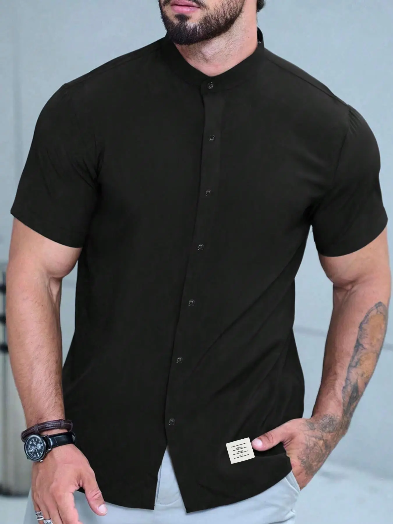 Men's Plus Size Solid Black Plain Mandarin Collar Short Sleeve Button Down Shirt, Slim Fit Casual Dress Shirt for Summer, Business Casual, Vacation & Daily Wear, Casual Fashion Shirt