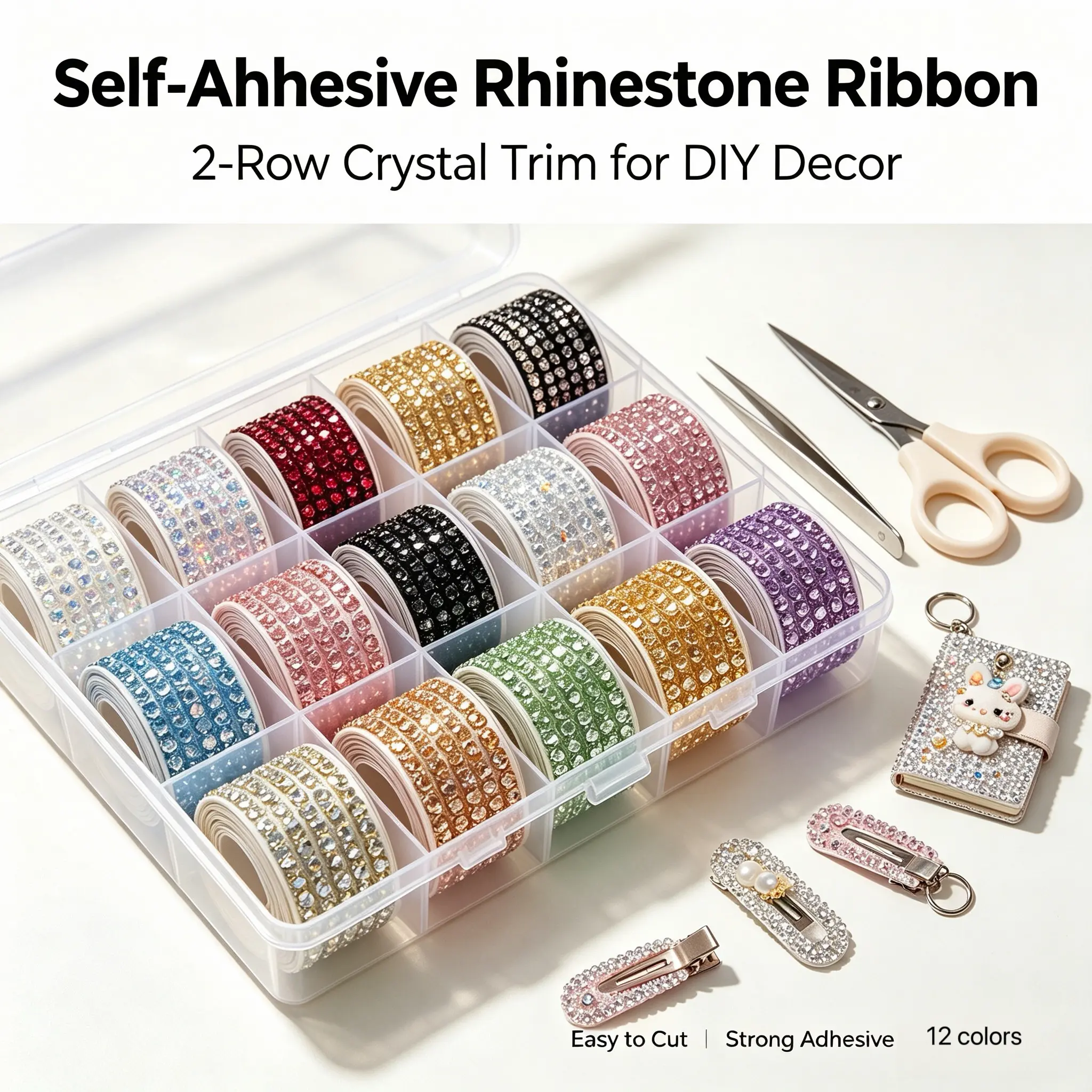2-Row Bling Self-Adhesive Rhinestone Strip Rolls, Crystal Trim with Clean Edges for DIY Decor, Custom Tech & Handmade Projects