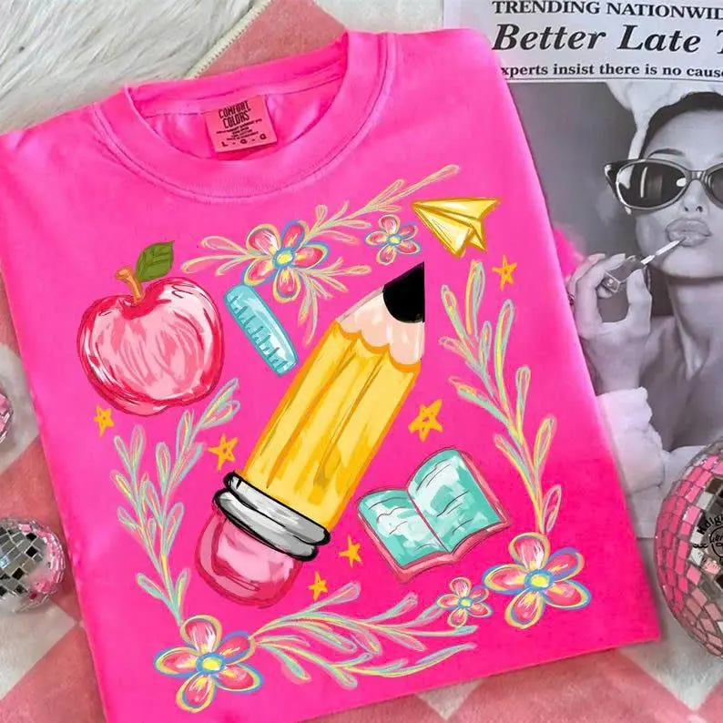 Comfort Colors Floral Teacher Pencil Tee, Coquette Back to School T-Shirt, 1st Day of School Graphic Top, Cute Classroom Look Cotton