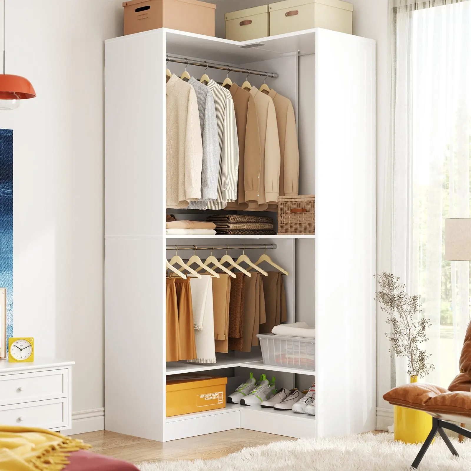 Unikito 31.5'' W Corner Closet System with 2 Hanging Rods and Storage Shelves,Sturdy Corner Wardrobe Closet Organizer System with Ample Shoe Shelf