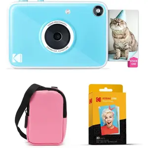 KODAK Printomatic+ Instant Print Digital Camera Starter Bundle + Carrying Case (Pink) + Zink 20pk Sticky-Back Photo Paper - 10MP, Full-Color Photos, RGB LED Status Indicator