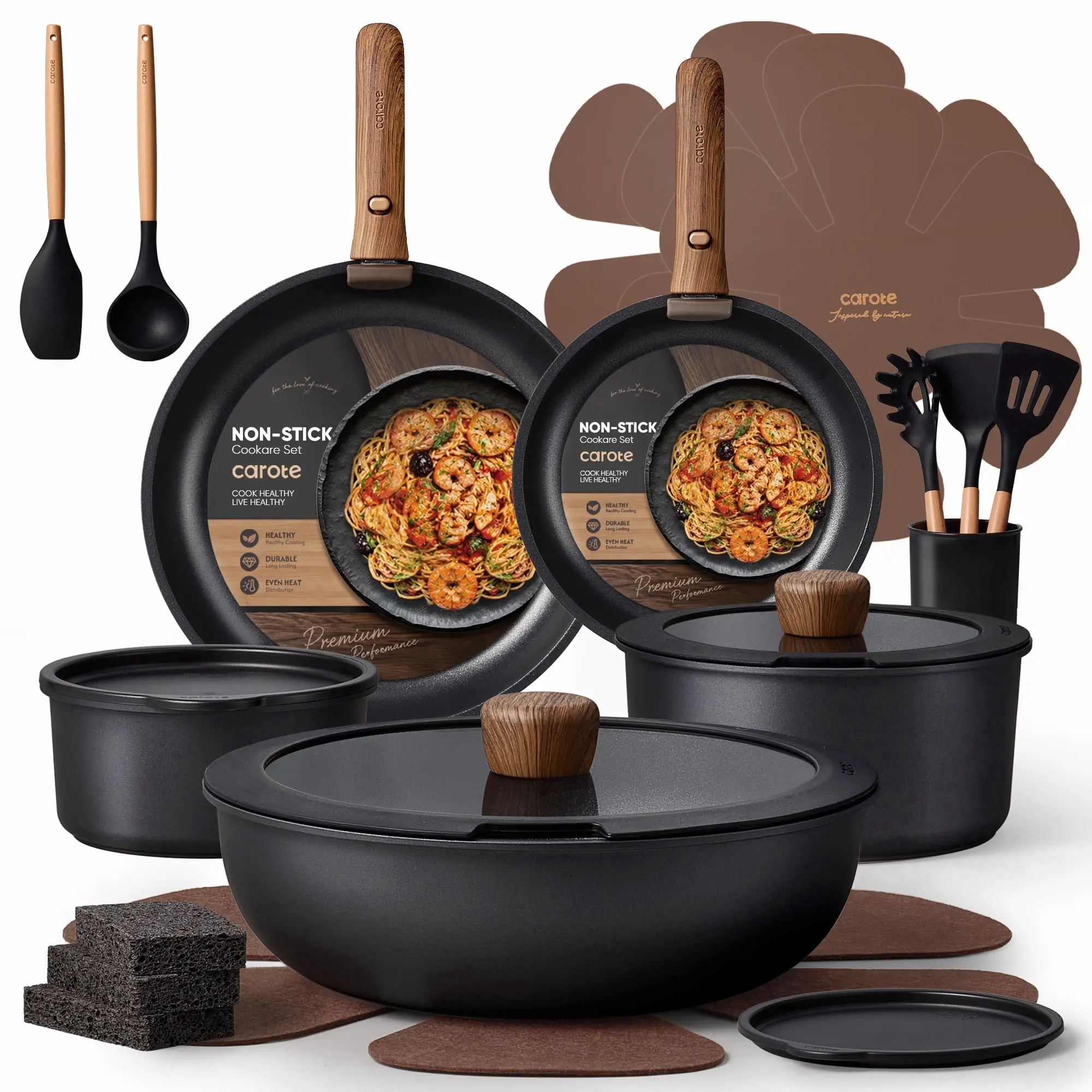 CAROTE 27-Piece Nonstick Cookware Set, Pots and Pans Set with Detachable Handle, Induction Compatible, Oven & Dishwasher Safe, Black